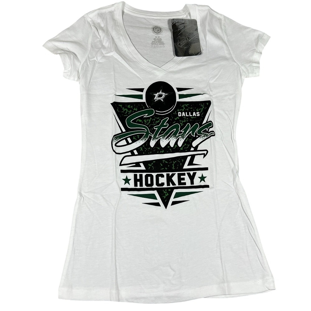 NHL Dallas Stars Womens Small White V-Neck Graphic T-Shirt‎ Short Sleeve New NWT